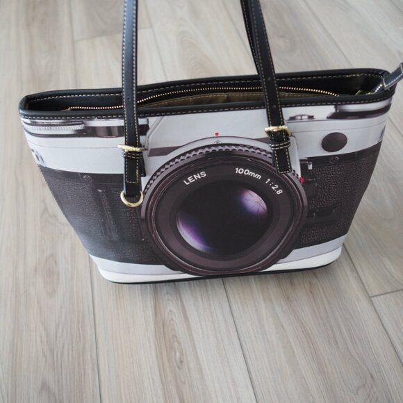 Elevated Indie Camera Lens Print Tote Bag with Zipper top, pockets metal feet - Picture 10 of 11